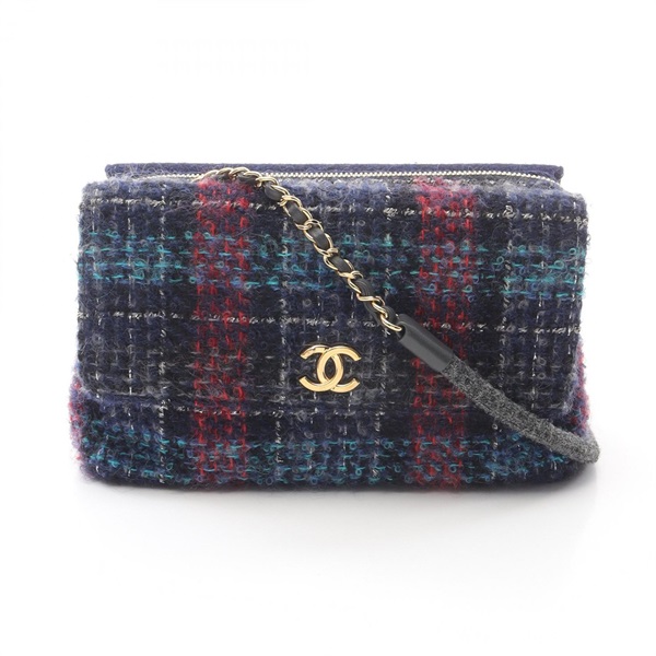 CHANEL W flap tweed chain crossbody Shoulder Bag leather Fabric Navy Red Used