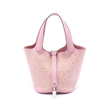 HERMES Picotin Lock Micro Lucky Daisy Tote Handbag leather Pink Brown Used SHW U