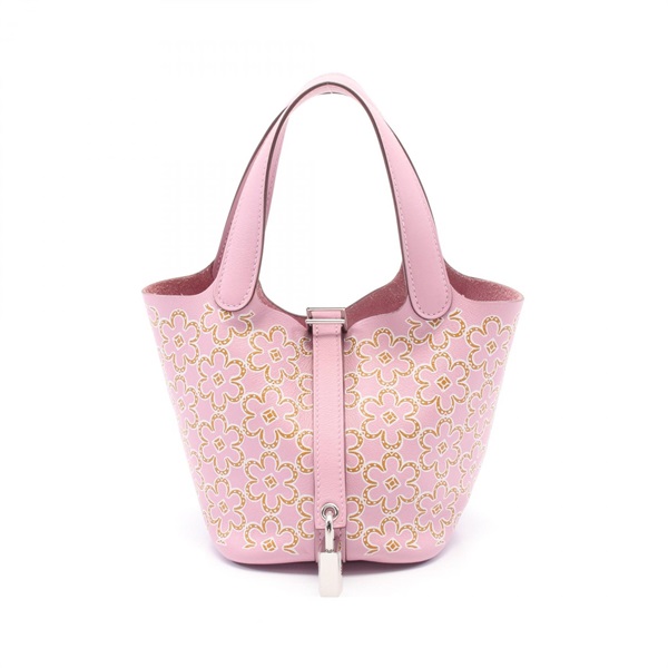 HERMES Picotin Lock Micro Lucky Daisy Tote Handbag leather Pink Brown Used SHW U