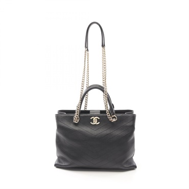 CHANEL Chevron V Stitch Tote chain shoulder Bag leather Black Used GHW