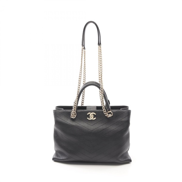 CHANEL Chevron V Stitch Tote chain shoulder Bag leather Black Used GHW