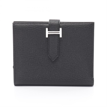 HERMES BEARN Compact Bi-fold wallet purse Z Chevre leather Black Used SHW