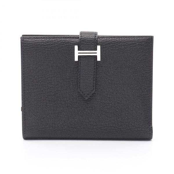 HERMES BEARN Compact Bi-fold wallet purse Z Chevre leather Black Used SHW