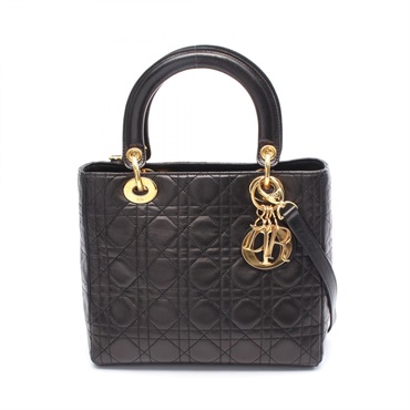 Christian Dior LADY DIOR Cannage Shoulder Tote Handbag Leather Black Used CD