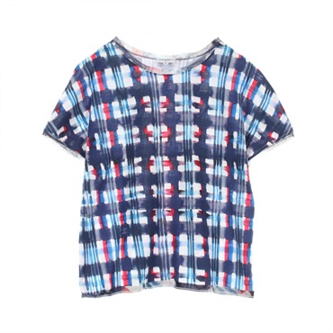 CHANEL COCO Mark T-shirt check P53878V40338 cotton Navy White Red Used Women