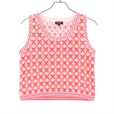 CHANEL COCO Mark Tank top #34 knitwear P60691K46385 cotton Nylon Red Pink White