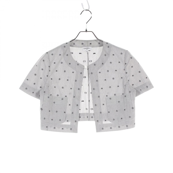 CHANEL COCO Mark Camelia blouse #36 short shirt P76756V63866 cotton Gray White