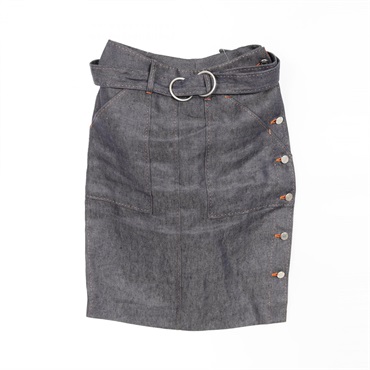 HERMES Sellier button skirt jupe #34 Fabric Navy Orange Used Women