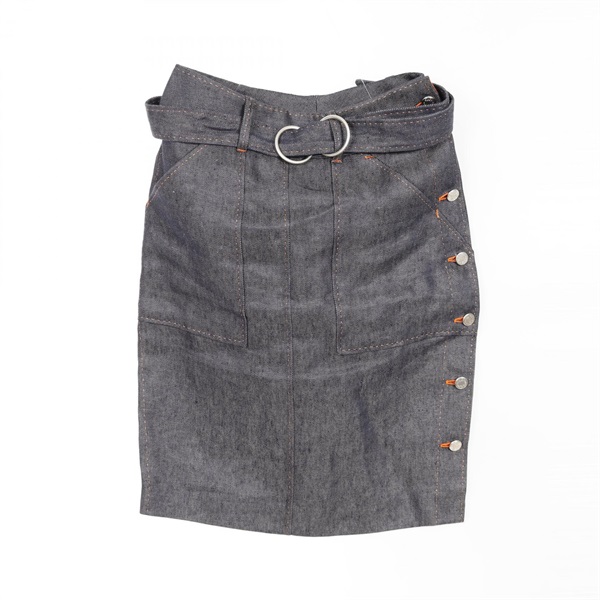 HERMES Sellier button skirt jupe #34 Fabric Navy Orange Used Women
