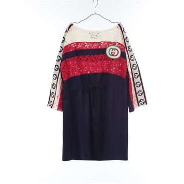 GUCCI Interlocking G Dress 573974 Cotton Polyester Navy Red Beige M Used Women