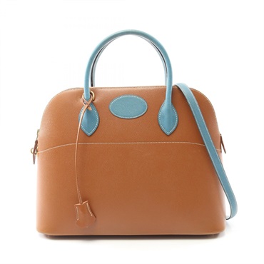 HERMES Bolide 35 Hand shoulder bag B leather Brown Blue jean Gold Used GHW