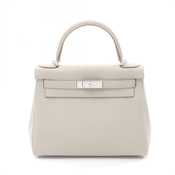 HERMES Kelly 28 Hand bag inside stitched B Togo leather Gris pale Used SHW