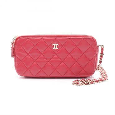 CHANEL Matelasse Chain Shoulder Bag wallet Lamb leather Red Used Women COCO CC