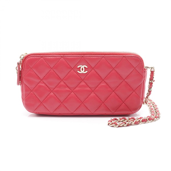 CHANEL Matelasse Chain Shoulder Bag wallet Lamb leather Red Used Women COCO CC