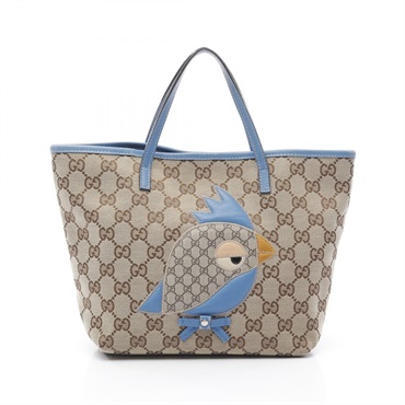 GUCCI Children's Zoo Owl Papagallo Tote Bag 271101 GG Canvas Leather Beige Blue