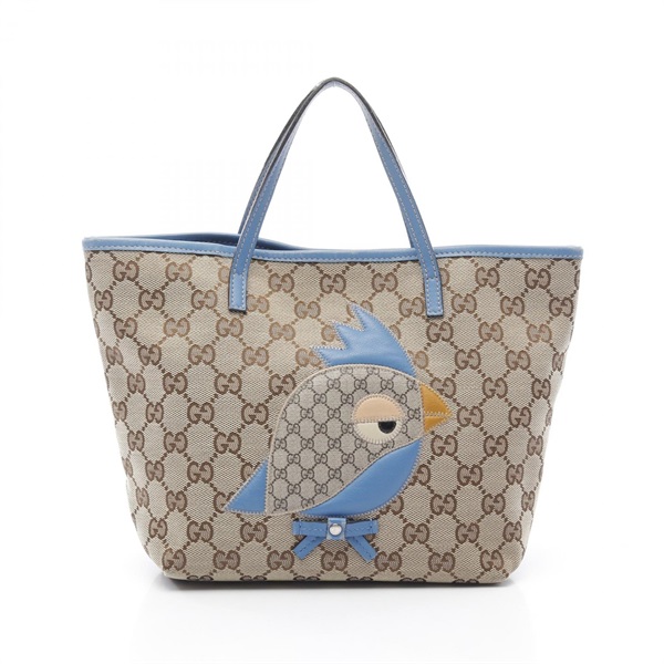 GUCCI Children's Zoo Owl Papagallo Tote Bag 271101 GG Canvas Leather Beige Blue