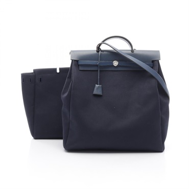 HERMES Herbag MM Shoulder Handbag leather canvas Toile Officier Navy Used E SHW