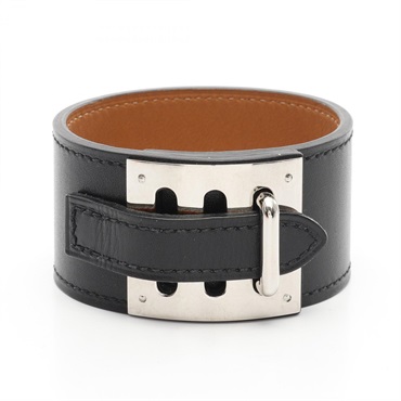 HERMES Intense Bangle Bracelet R Leather Stainless Steel Black SHW 17cm Used