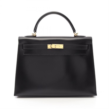 HERMES Kelly 32 Hand shoulder bag J outside stitched Box calf leather Black GHW