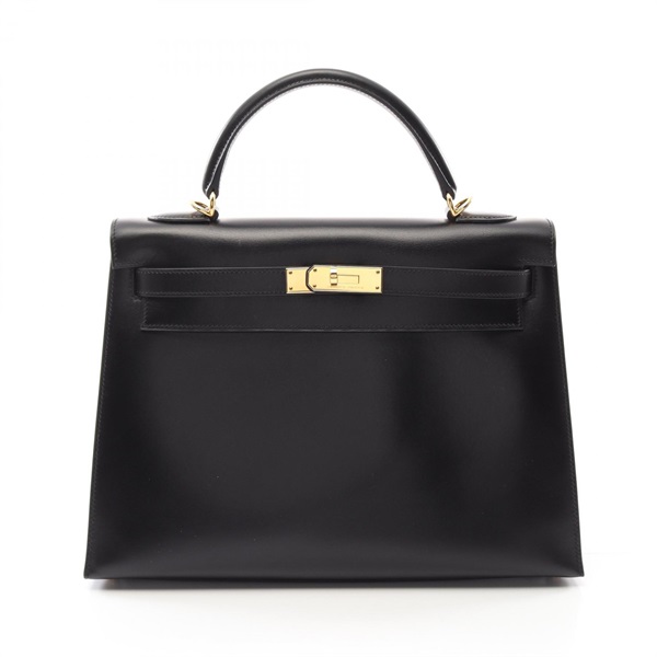 HERMES Kelly 32 Hand shoulder bag J outside stitched Box calf leather Black GHW