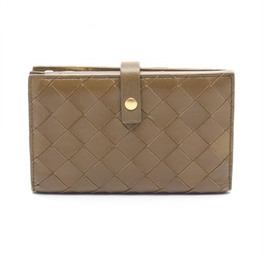 BOTTEGA VENETA Intrecciato Bi-fold Wallet Leather Khaki Used Women