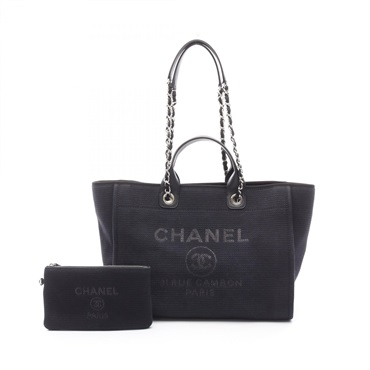 CHANEL Deauville Chain shoulder Tote Bag A66941 canvas leather Black Used SHW CC