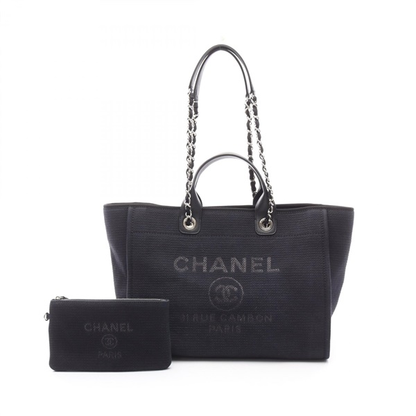 CHANEL Deauville Chain shoulder Tote Bag A66941 canvas leather Black Used SHW CC
