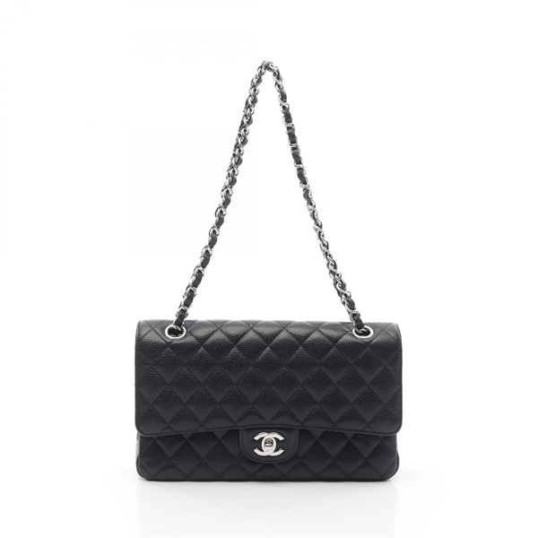CHANEL Matelasse W flap Chain Shoulder Bag A01112 leather Black Used Women SHW