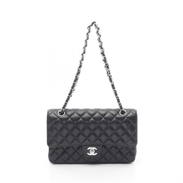 CHANEL Matelasse W flap chain Shoulder Bag A01112 leather Black Used Women SHW