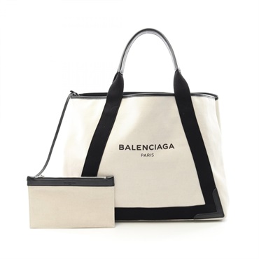 BALENCIAGA NAVY CABAS M Hand Tote Bag 339936 canvas leather White Black Used