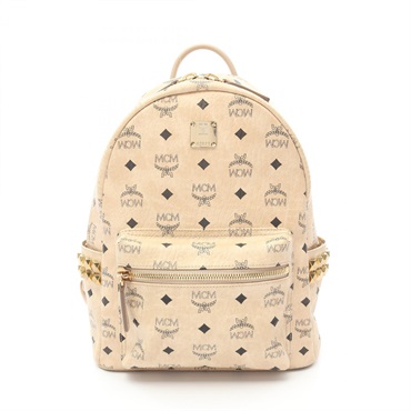 MCM STARK Visetos Rucksack Backpack PVC coated canvas leather Beige Used Women