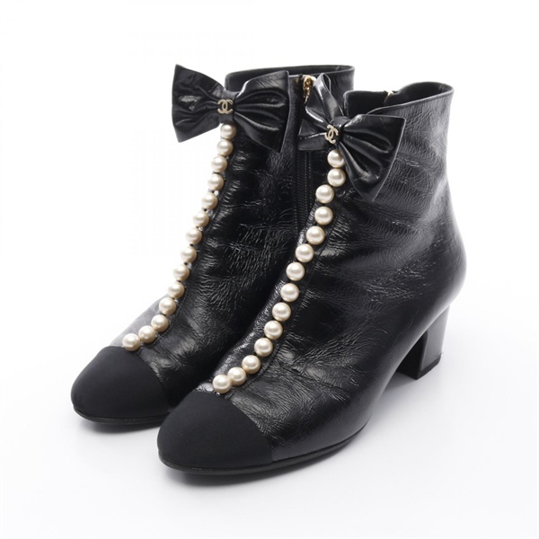 CHANEL COCO Mark Artificial pearl short boots #37.5 G37206 leather Black Used