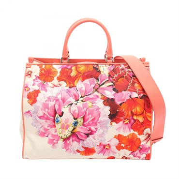 BVLGARI Serpenti Shoulder Tote Bag canvas leather White Red Used Women