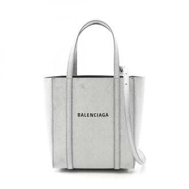 BALENCIAGA EVERYDAY XXS Crossbody Tote Bag 551815 Leather Glitter Silver Used
