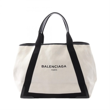 BALENCIAGA NAVY CABAS M Tote Bag 339936 canvas leather White Black Used Women