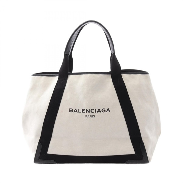BALENCIAGA NAVY CABAS M Tote Bag 339936 canvas leather White Black Used Women