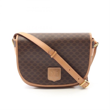 CELINE Macadam Crossbody Shoulder Bag PVC coated Canvas Leather Brown Used Women