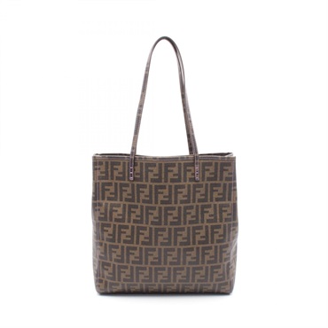 FENDI Zucca Shoulder Tote Bag 8BH211 FF Monogram Canvas Brown Black Used Women