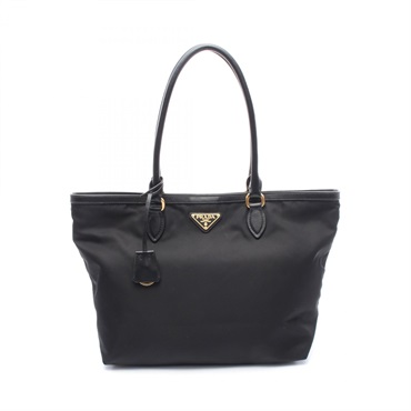 PRADA LOGO JACQUARD shoulder Tote Bag 1BG158 Nylon leather Black Used Women
