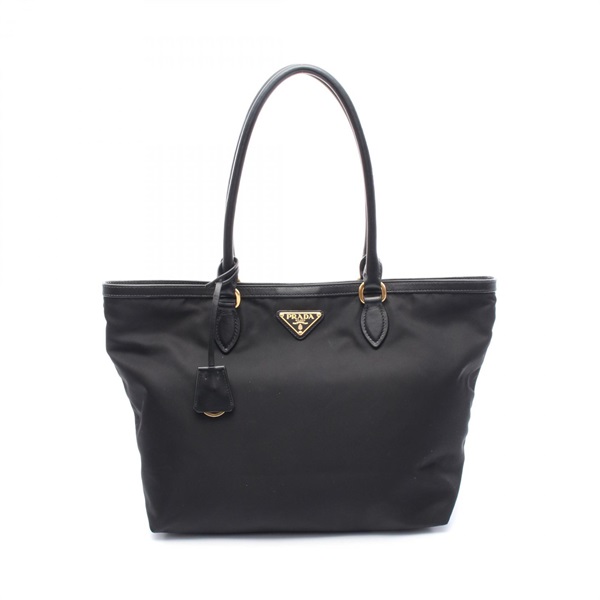 PRADA LOGO JACQUARD shoulder Tote Bag 1BG158 Nylon leather Black Used Women