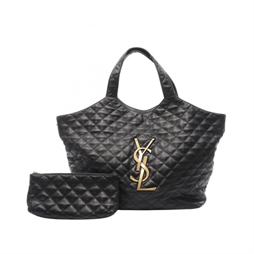 SAINT LAURENT PARIS icarl maxi shopping Tote Bag Lamb leather Black Used GHW