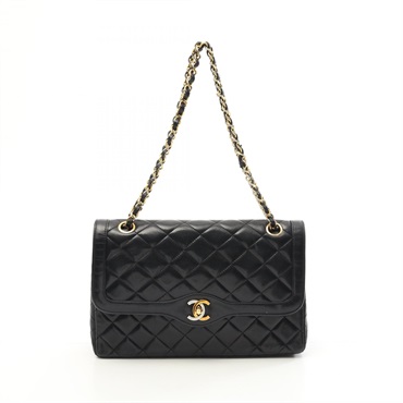 CHANEL Matelasse W flap Shoulder Bag Lambskin sheep leather Black Used Women GHW