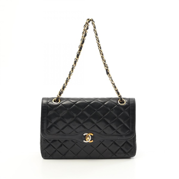 CHANEL Matelasse W flap Shoulder Bag Lambskin sheep leather Black Used Women GHW