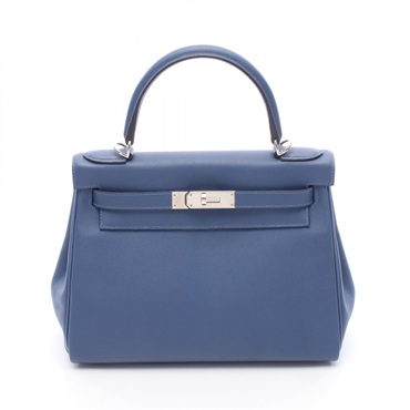HERMES Kelly 28 Verso Shoulder Handbag Evercolor leather Blue Capucine Used D
