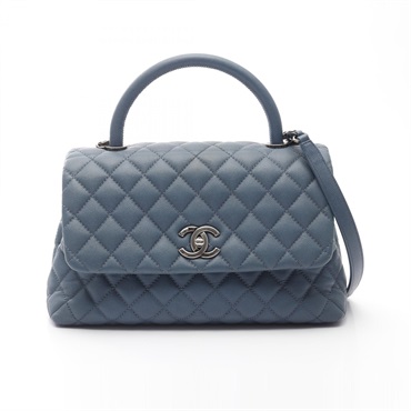 CHANEL Coco 29 Top Handle Flap Matelasse Shoulder Handbag A92991 Calfskin Blue