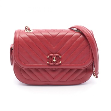 CHANEL Chevron V Stitch Chain Shoulder Bag leather Red GHW Used Women COCO CC