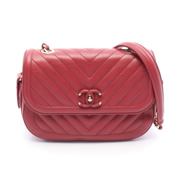CHANEL Chevron V Stitch Chain Shoulder Bag leather Red GHW Used Women COCO CC
