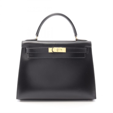 HERMES Kelly 28 Hand shoulder bag V Outside stitched 001848CC Box calf Black GHW