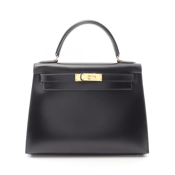 HERMES Kelly 28 Hand shoulder bag V Outside stitched 001848CC Box calf Black GHW
