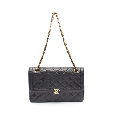 CHANEL Matelasse W flap Shoulder Bag Lambskin sheep leather Black Used Women GHW
